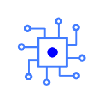 System Integration a blue line cartoon on a grey check background depicting a square at the middle with 8 node connections and a solid blue dot at the centre