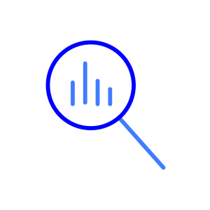analyser Cartoon of a blue lined magnifying glass with 4 bar chart lines in the centre all on a grey check background
