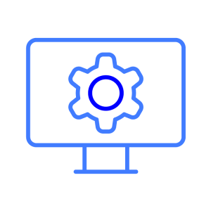 back-office Blue line cartoon on a grey check background depicting a PC monitor with a blue cog in the middle of the screen