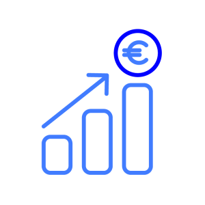 A blue line cartoon of 3 bar chart lines with an arrow ascending from the left toward a Euro coin over the bar on the right