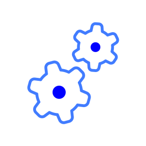A blue line cartoon on a grey check background of 2 cogs meshed together the bottom one is larger and to the left the smaller is above and to the right