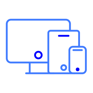 A blue line cartoon on a grey check background depicting a PC monitor behind a tablet behind a smartphone