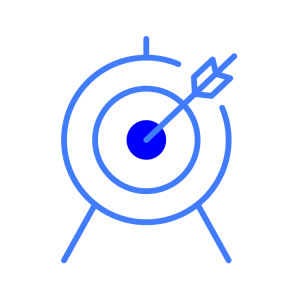 a blue line cartoon on a grey check background of an archery target with an arrow at its centre