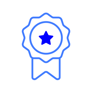 A blue line cartoon on a grey check background of a rosette with a solid star at the middle