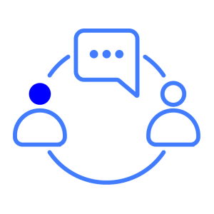 a blue line cartoon on a grey check background depicting 2 figures in a circle and a 3 dot message box above them in the circle