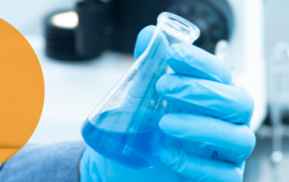 Artificial Intelligence showing a hand holding a chemical flask in a laboratory