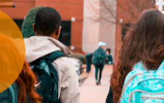 Hybrid mail showing 4 young people walking away with backpacks on.