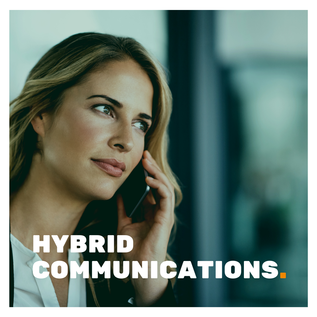 Hybrid Communications showing a picture of a woman using a smartphone.