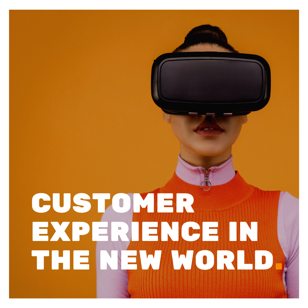 CX in the new world superimposed on a picture of a woman wearing a VR headset