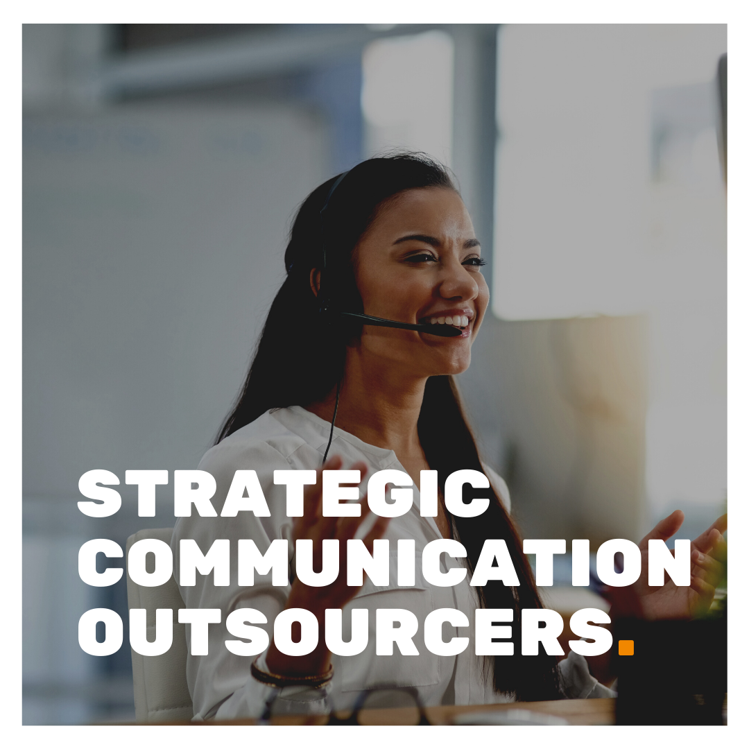 Strategic Communications Outsourcers superimposed on a picture of a smiling woman wearing a headset