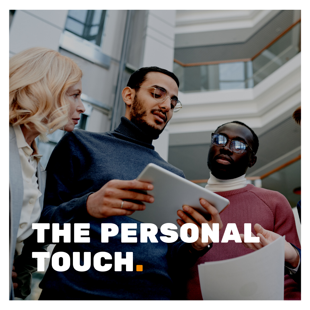 The Personal Touch superimposed on a picture of 3 people looking at a document whilst outside