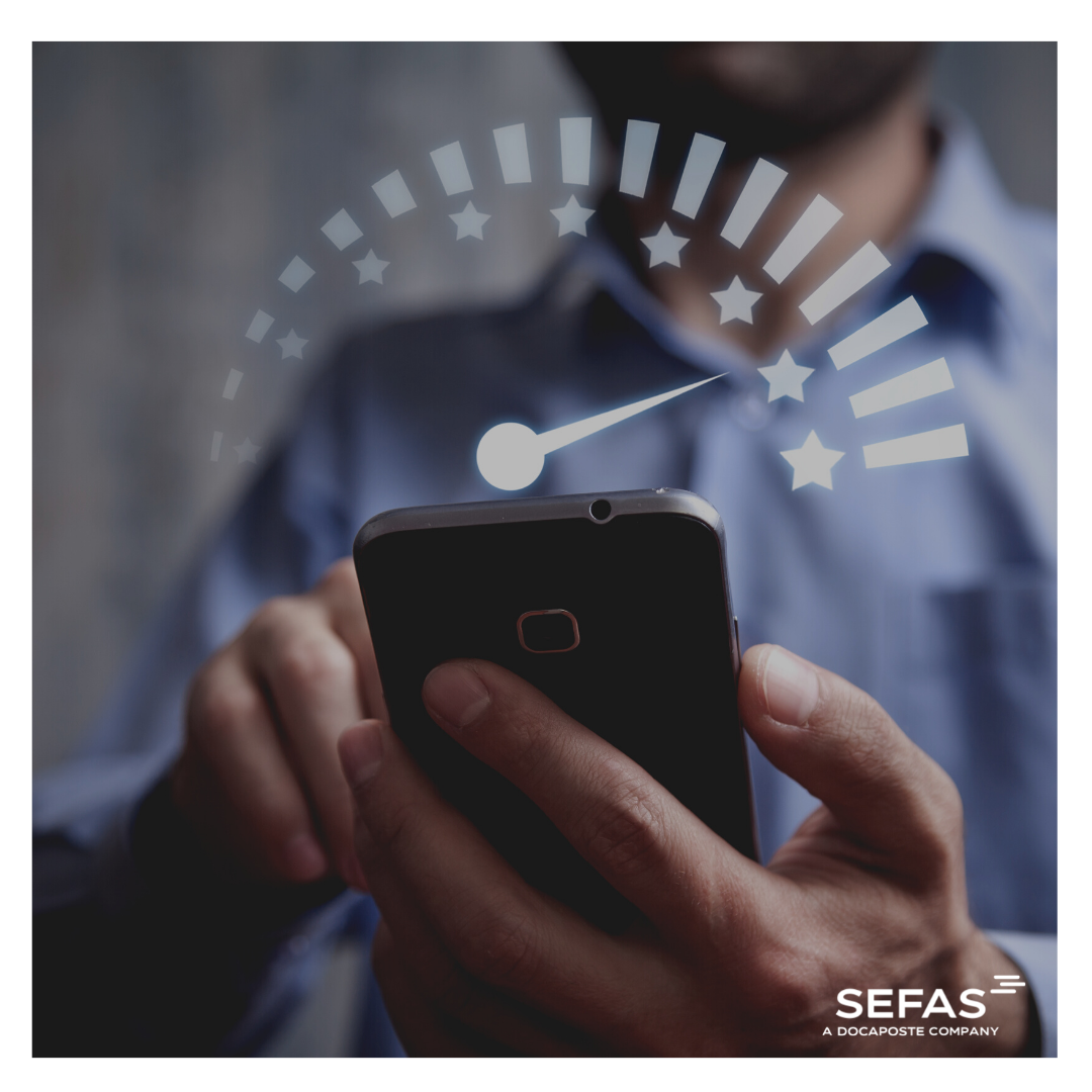 Personalised CX showing a man using a smartphone with a performance graphic superimposed over the phone.