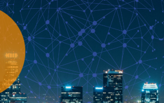 What is Customer Communications Management? Showing a depiction of multiple points in a globe over a city at night.