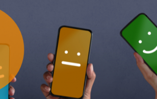 The Benefits Of Customer Experience Management showing a graphic from sad to love across 5 smartphones