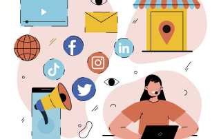 Lady on a laptop and multiple social media icons behind her.