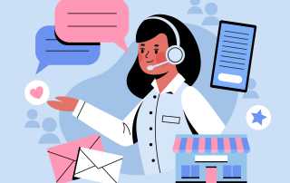 Cartoon of woman wearing headset showing icons of types of communication.