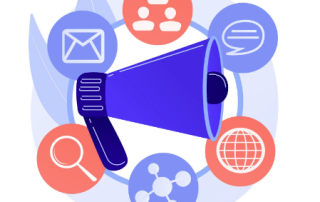 Cartoon megaphone surrounded by 6 icons.