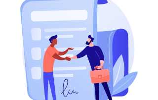 A cartoon of a contract with 2 cartoon figures shaking hands