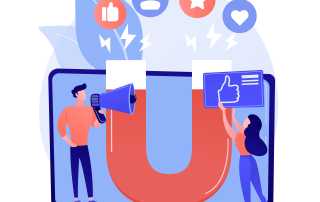 Cartoon image of a laptop with a giant magnet pulling in social media engagement. There is also a cartoon man, with a megaphone, and a woman holding a sign with a thumbs up on it.