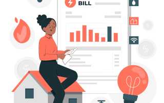 Woman reading a utility bill sitting on a house. This is meant to demonstrate the digital transformation in utilities visually.