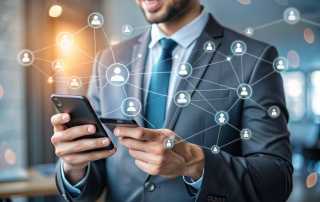 Person in a suit using a smart phone to put in card details. With icons that show network interconnectivity.