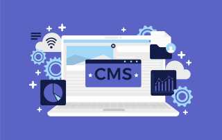 A blue background cartoon with a white laptop and cartoon icons of graphics