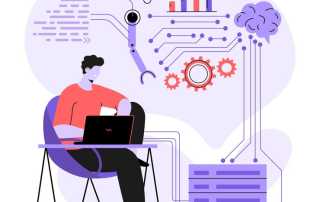 Illustration of a person working on a laptop, surrounded by abstract representations of artificial intelligence, data analytics and automation.