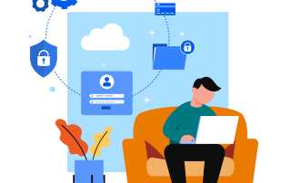 Illustration of a person working on a laptop with cybersecurity and cloud storage icons around them.