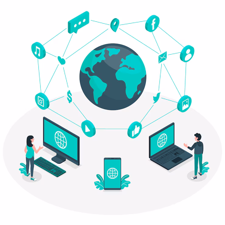 Global digital communication network connecting people via computers, smartphones and various online platforms.