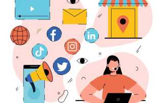 Digital Marketer working on a laptop surrounded by social media icons and online marketing symbols.